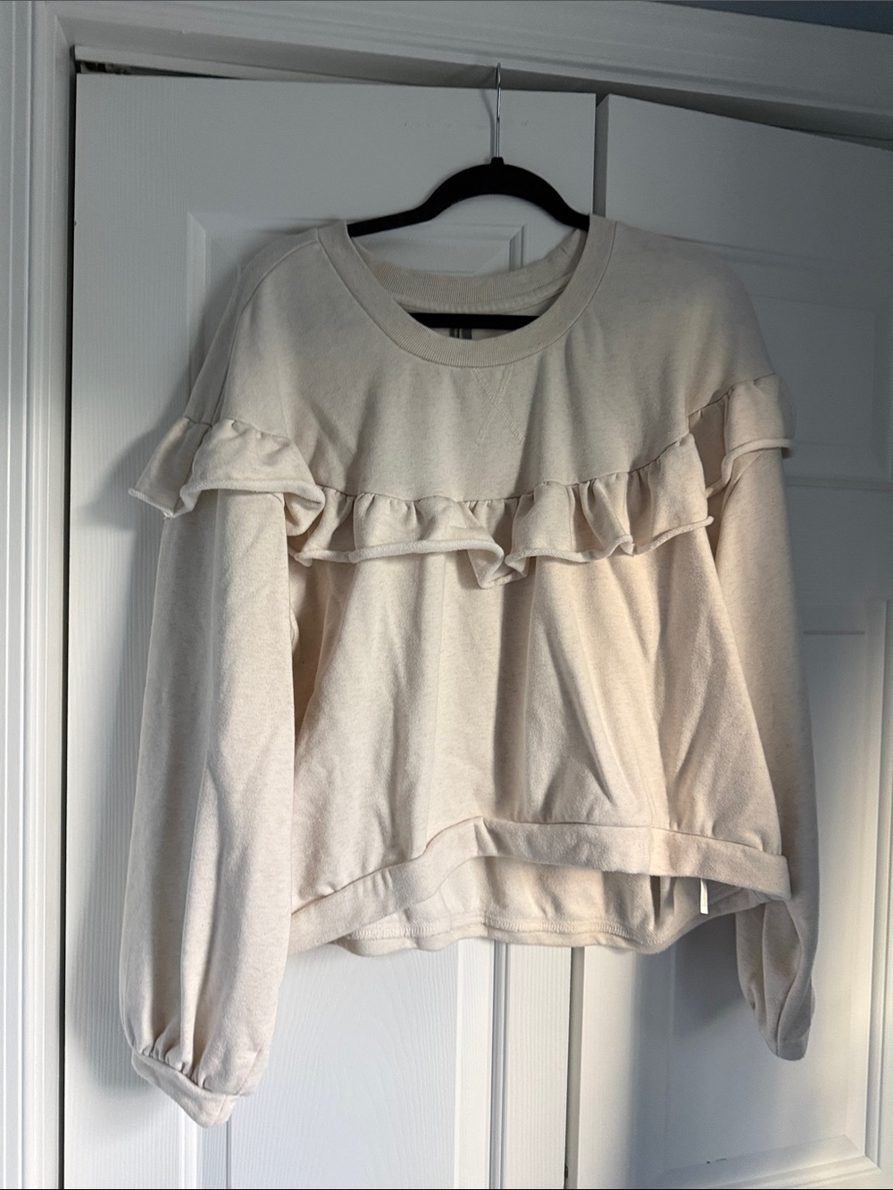 Anthropologie Cream Ruffle Pullover Sweatshirt